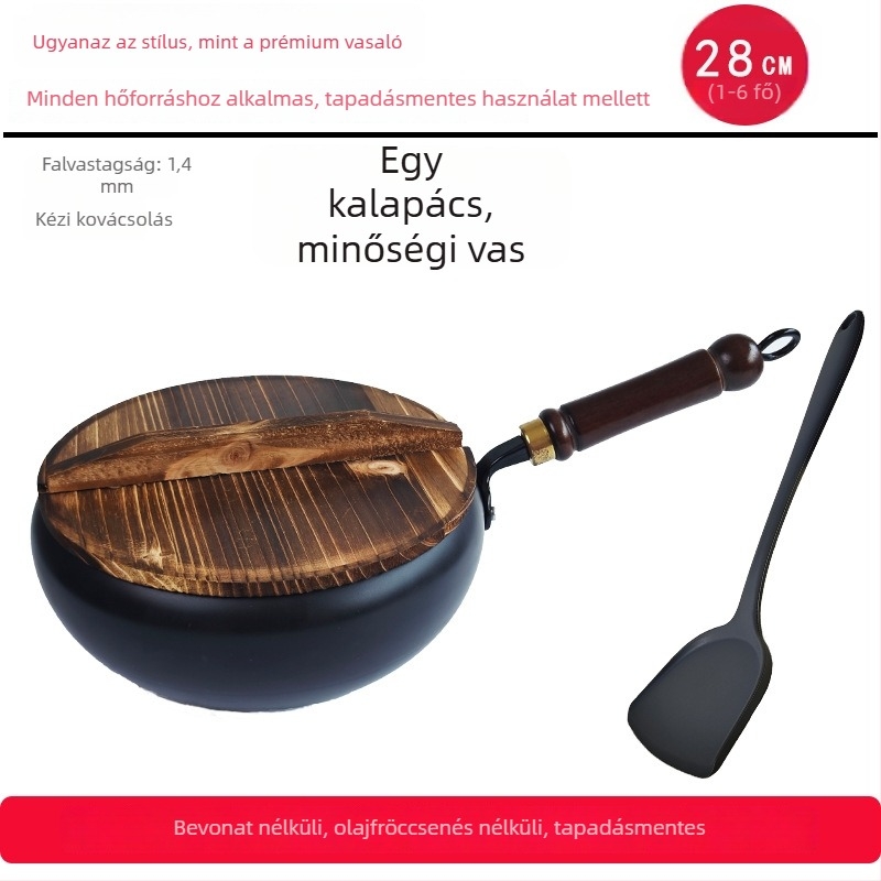 Kovácsolt vasból készült wok, koreai stílus, egyetlen aljzattal, üvegfedél