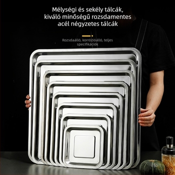 Négyzet alakú rozsdamentes acél tál kereskedelmi konyhákhoz, polírozott felület, mikrohullámú sütővel kompatibilis.