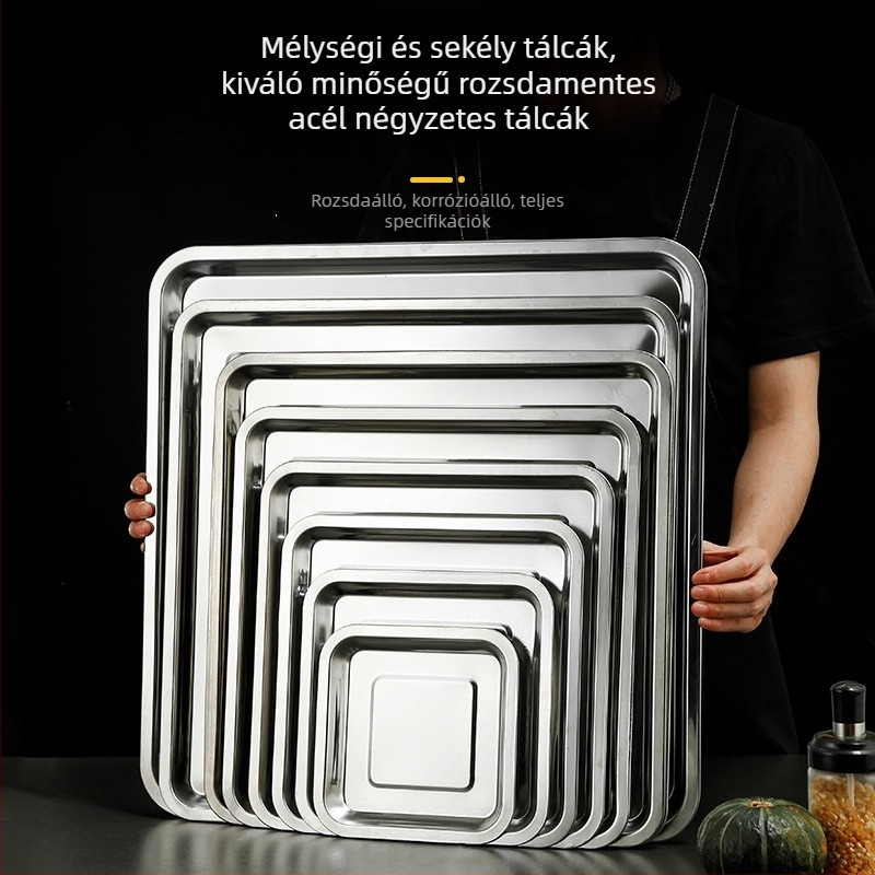 Négyzet alakú rozsdamentes acél tál kereskedelmi konyhákhoz, polírozott felület, mikrohullámú sütővel kompatibilis.