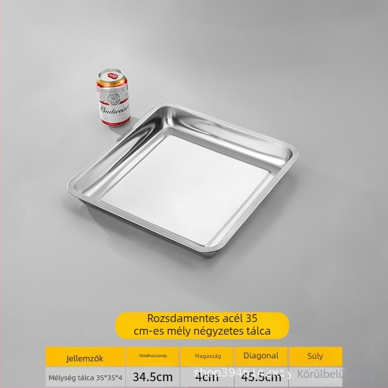 Négyzet alakú rozsdamentes acél tál kereskedelmi konyhákhoz, polírozott felület, mikrohullámú sütővel kompatibilis.