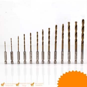 Hexagonális szárú spirálfúrókészlet titánbevonattal, 13 db, gyorsacélból, elektromos csavarhúzóhoz