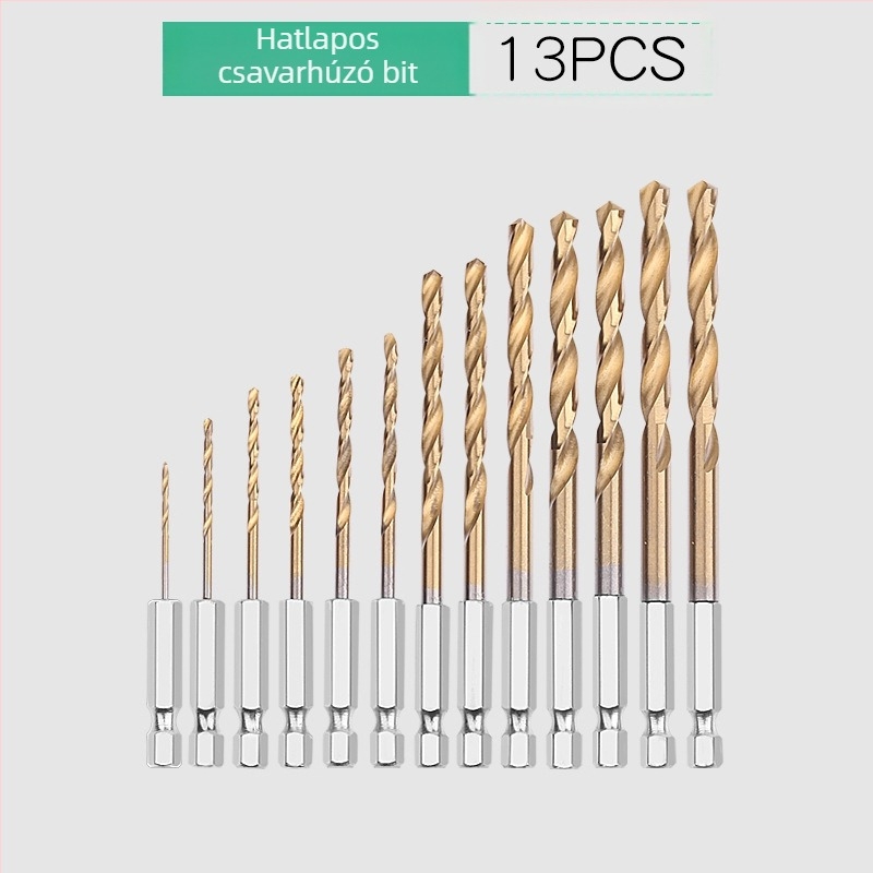 Hexagonális szárú spirálfúrókészlet titánbevonattal, 13 db, gyorsacélból, elektromos csavarhúzóhoz