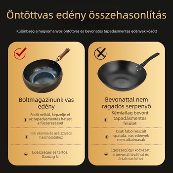 Kézzel kovácsolt finom vas wok, bevonat nélküli, egyrészes aljzattal