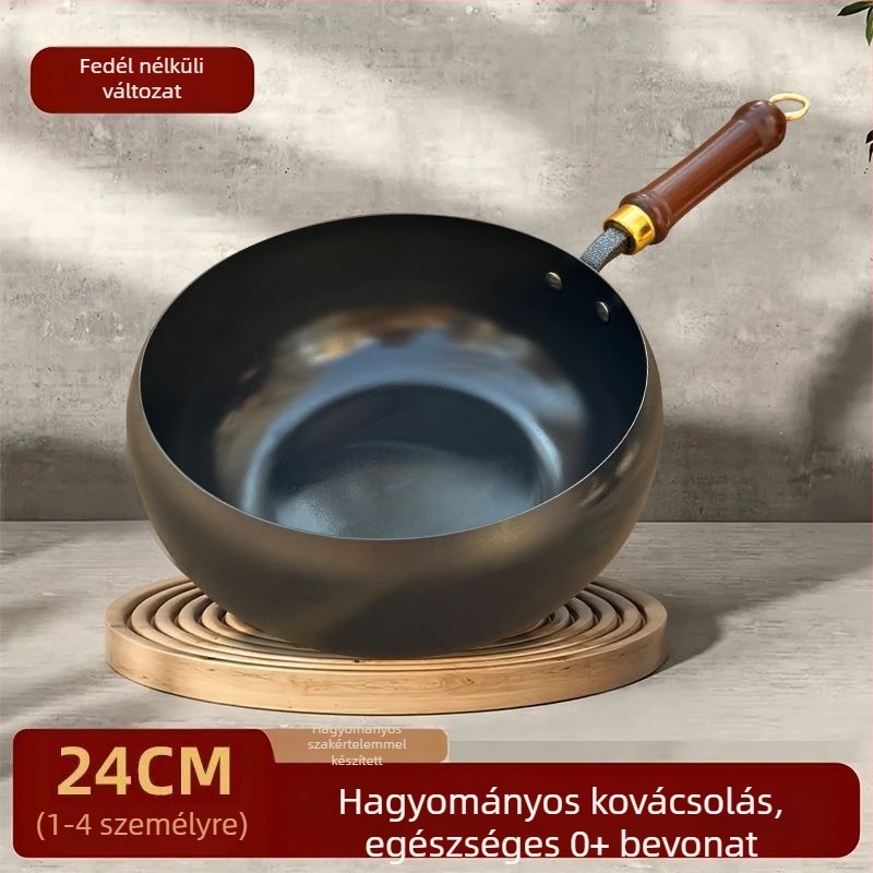 Kézzel kovácsolt finom vas wok, bevonat nélküli, egyrészes aljzattal
