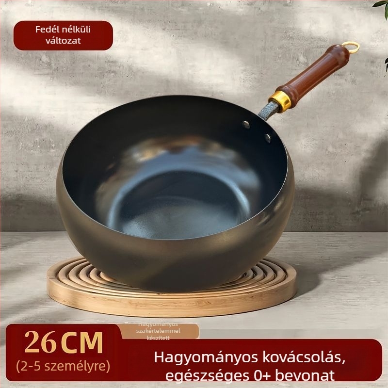 Kézzel kovácsolt finom vas wok, bevonat nélküli, egyrészes aljzattal