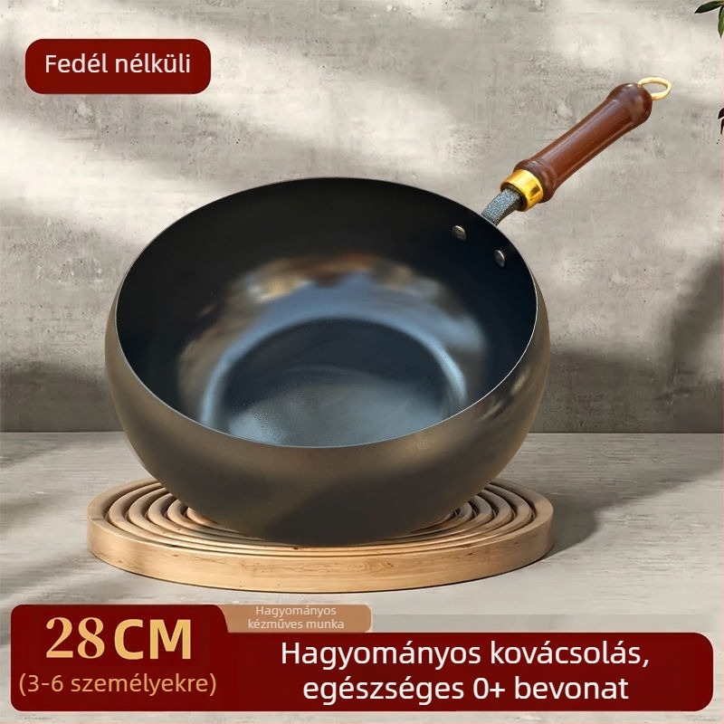 Kézzel kovácsolt finom vas wok, bevonat nélküli, egyrészes aljzattal