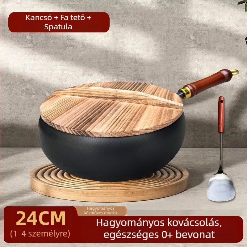 Kézzel kovácsolt finom vas wok, bevonat nélküli, egyrészes aljzattal