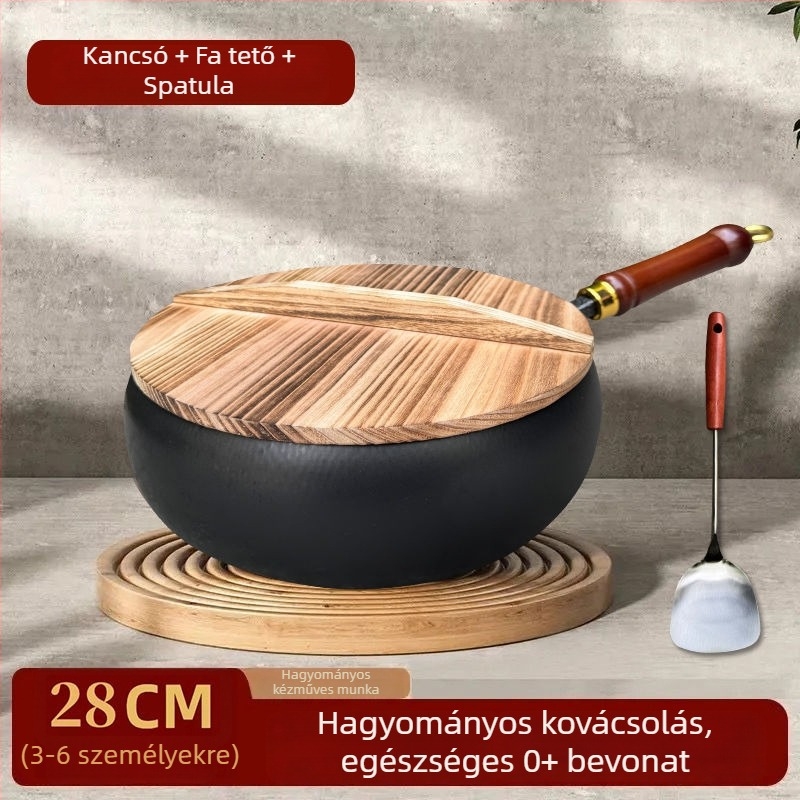 Kézzel kovácsolt finom vas wok, bevonat nélküli, egyrészes aljzattal