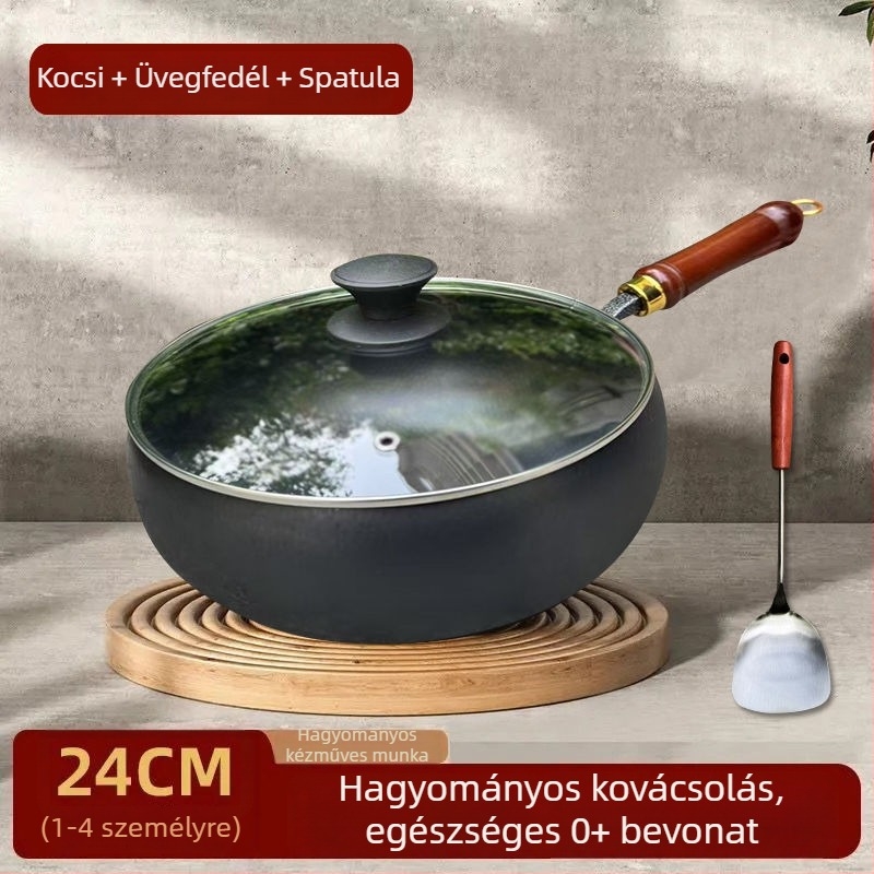 Kézzel kovácsolt finom vas wok, bevonat nélküli, egyrészes aljzattal