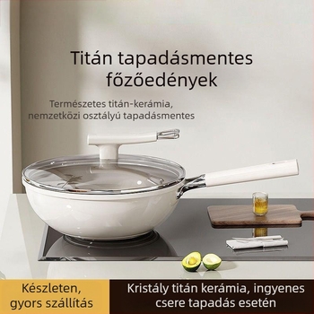 Wok titan-kerámia bevonattal, 304 rozsdamentes acél, indukciós kompatibilis, üvegfedél, egyrétegű alsó