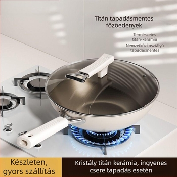 Wok titan-kerámia bevonattal, 304 rozsdamentes acél, indukciós kompatibilis, üvegfedél, egyrétegű alsó