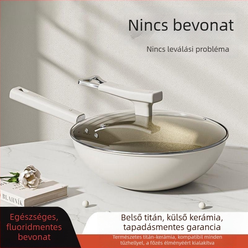 Wok titan-kerámia bevonattal, 304 rozsdamentes acél, indukciós kompatibilis, üvegfedél, egyrétegű alsó