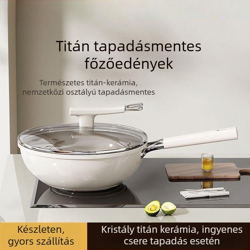 Wok titan-kerámia bevonattal, 304 rozsdamentes acél, indukciós kompatibilis, üvegfedél, egyrétegű alsó