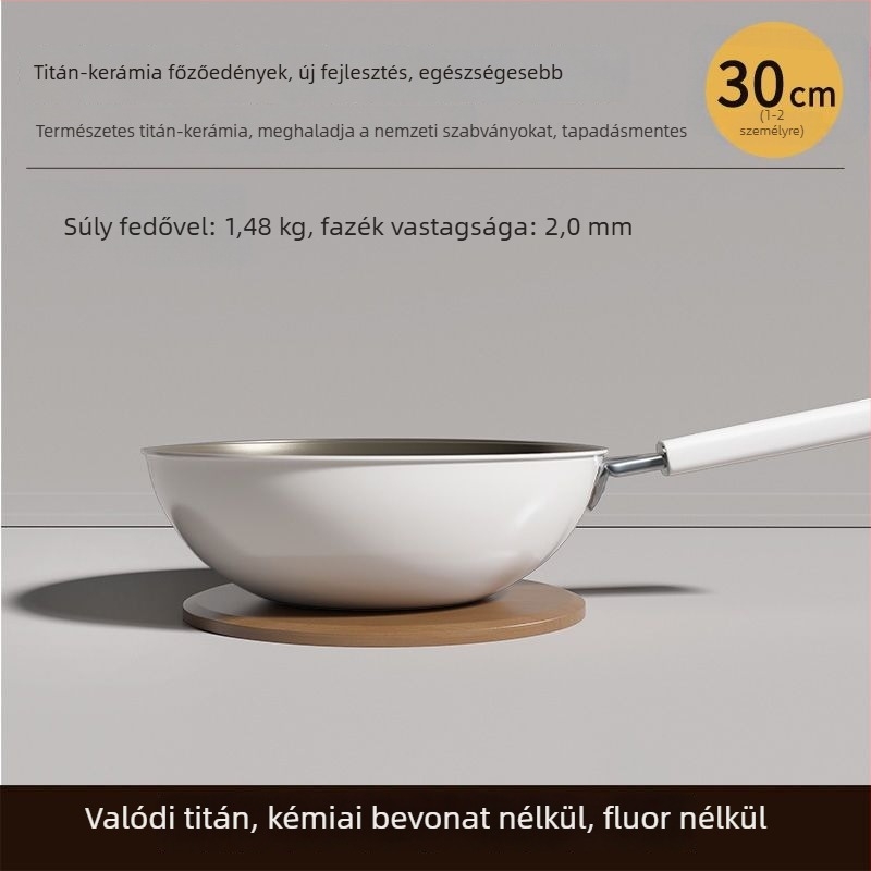 Wok titan-kerámia bevonattal, 304 rozsdamentes acél, indukciós kompatibilis, üvegfedél, egyrétegű alsó