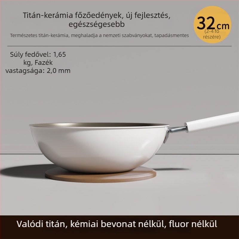 Wok titan-kerámia bevonattal, 304 rozsdamentes acél, indukciós kompatibilis, üvegfedél, egyrétegű alsó