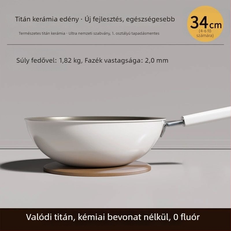 Wok titan-kerámia bevonattal, 304 rozsdamentes acél, indukciós kompatibilis, üvegfedél, egyrétegű alsó