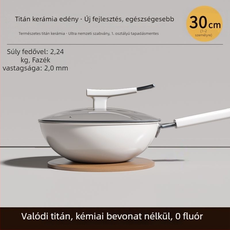 Wok titan-kerámia bevonattal, 304 rozsdamentes acél, indukciós kompatibilis, üvegfedél, egyrétegű alsó