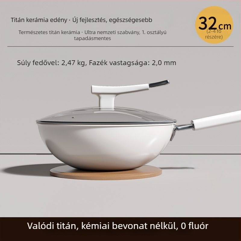 Wok titan-kerámia bevonattal, 304 rozsdamentes acél, indukciós kompatibilis, üvegfedél, egyrétegű alsó
