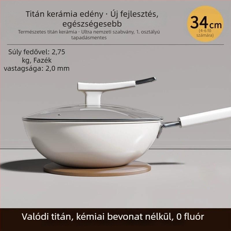 Wok titan-kerámia bevonattal, 304 rozsdamentes acél, indukciós kompatibilis, üvegfedél, egyrétegű alsó