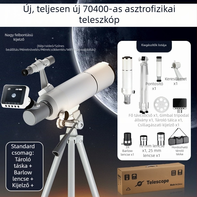 Csillagászati teleszkóp HD felbontású nagy képernyővel és okostelefonhoz csatlakoztathatósággal HD fotókhoz és videókhoz; nagy apertúra.