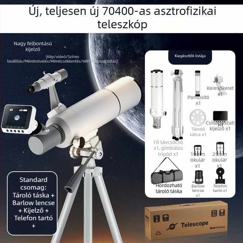 Csillagászati teleszkóp HD felbontású nagy képernyővel és okostelefonhoz csatlakoztathatósággal HD fotókhoz és videókhoz; nagy apertúra.