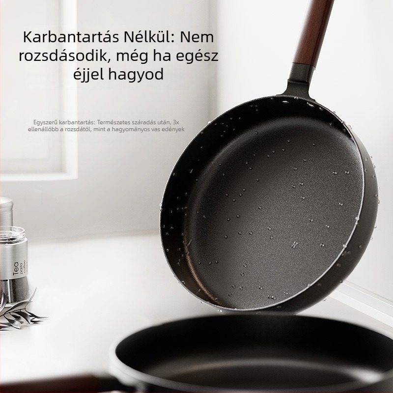 Bevonat nélküli Wok serpenyő üvegfedővel (öntöttvas; univerzális tűzhely-kompatibilis; modell AJYSA; modern minimalizmus)