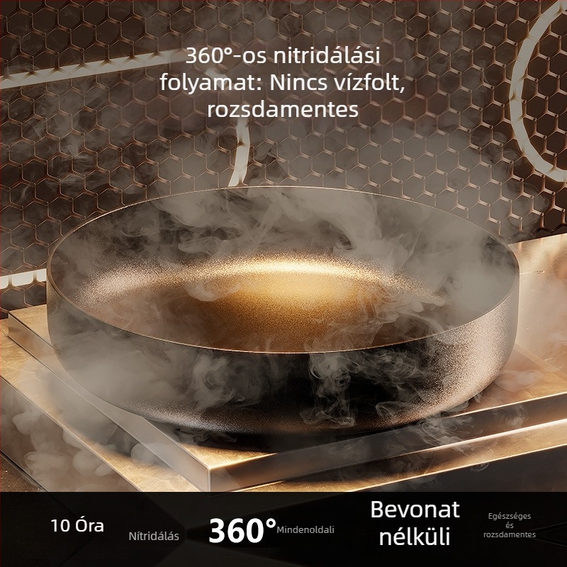 Bevonat nélküli Wok serpenyő üvegfedővel (öntöttvas; univerzális tűzhely-kompatibilis; modell AJYSA; modern minimalizmus)