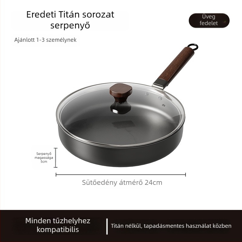 Bevonat nélküli Wok serpenyő üvegfedővel (öntöttvas; univerzális tűzhely-kompatibilis; modell AJYSA; modern minimalizmus)