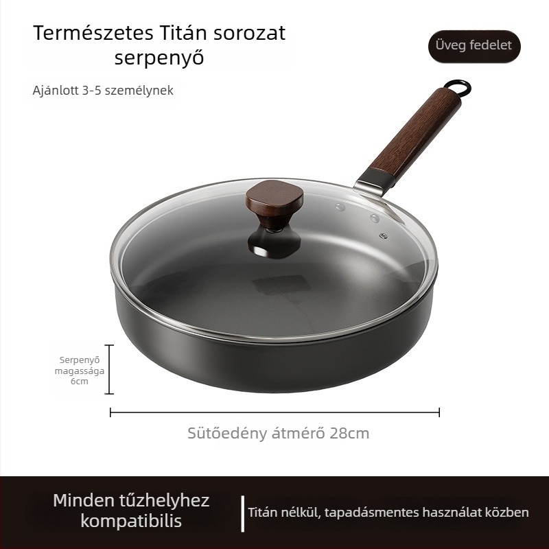 Bevonat nélküli Wok serpenyő üvegfedővel (öntöttvas; univerzális tűzhely-kompatibilis; modell AJYSA; modern minimalizmus)