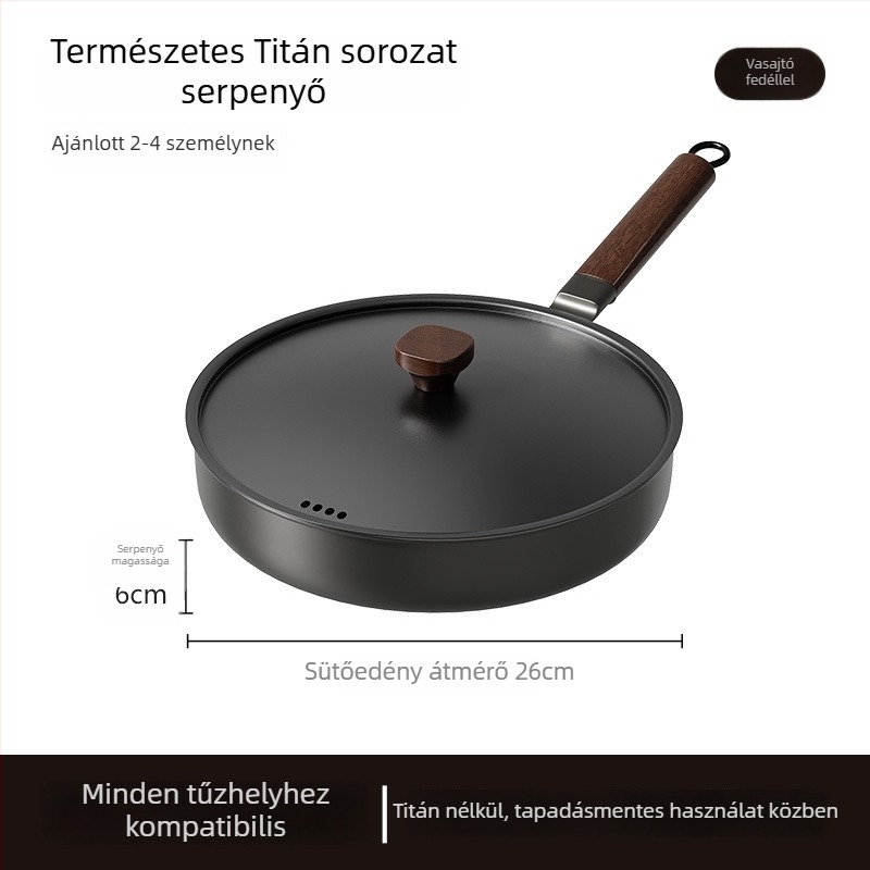 Bevonat nélküli Wok serpenyő üvegfedővel (öntöttvas; univerzális tűzhely-kompatibilis; modell AJYSA; modern minimalizmus)