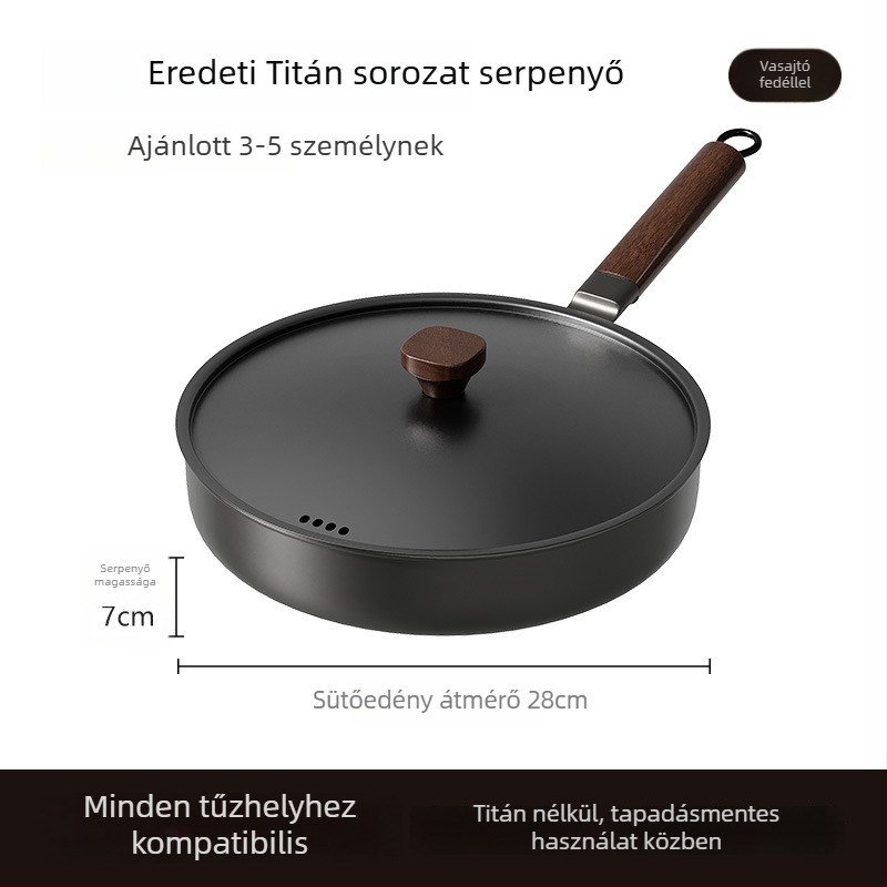 Bevonat nélküli Wok serpenyő üvegfedővel (öntöttvas; univerzális tűzhely-kompatibilis; modell AJYSA; modern minimalizmus)