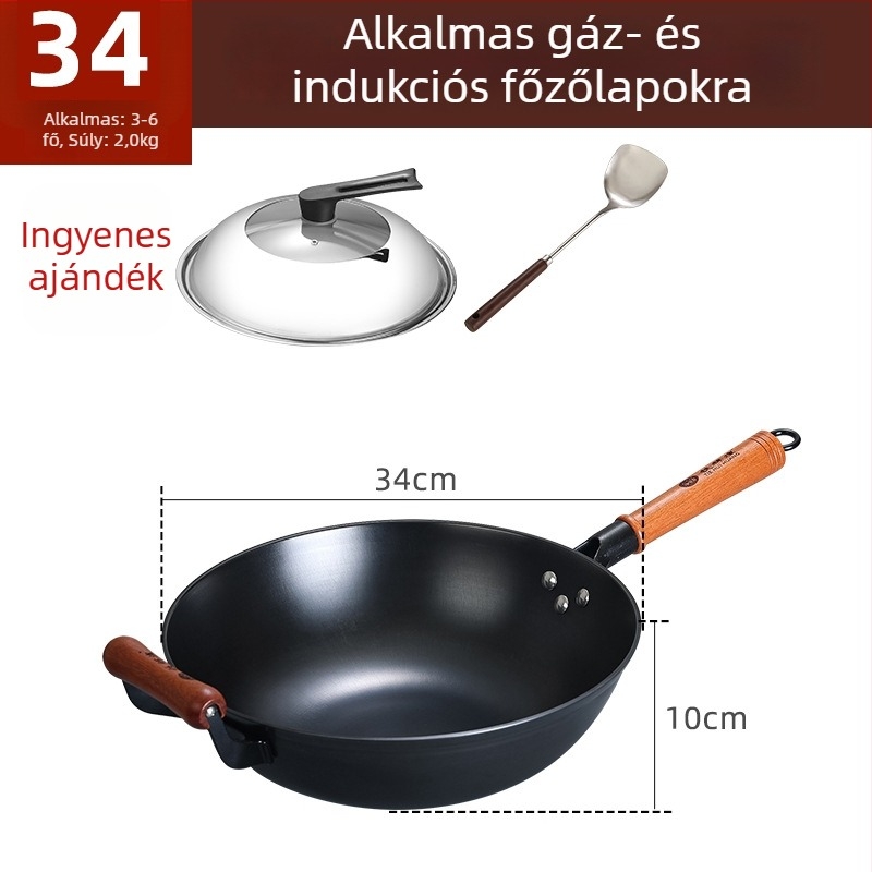 Wok öntöttvasból, tapadásmentes, indukciós tűzhelyhez kompatibilis, 2 kg, 10 cm mély