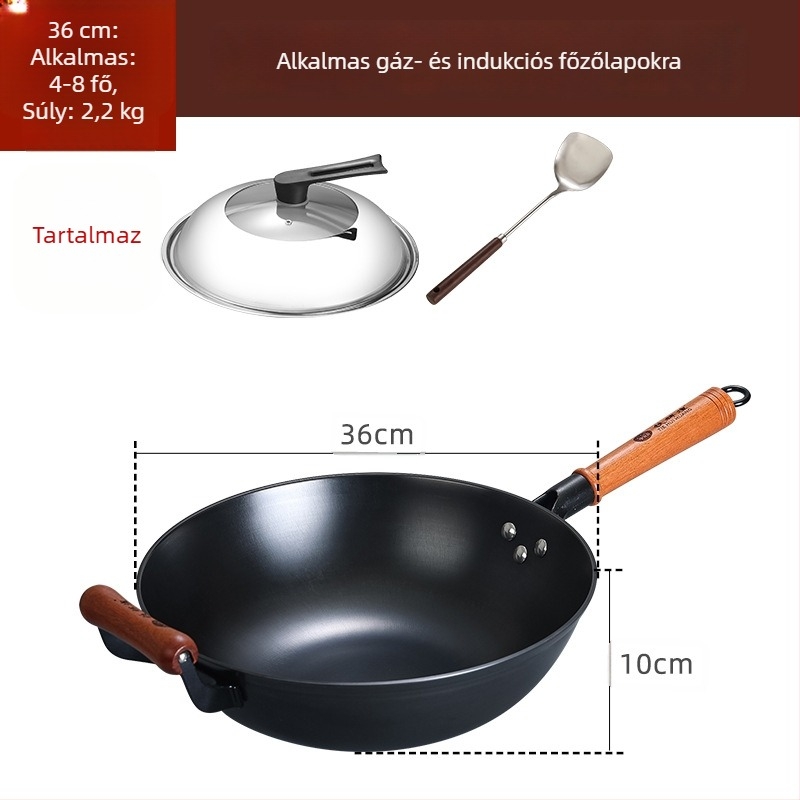 Wok öntöttvasból, tapadásmentes, indukciós tűzhelyhez kompatibilis, 2 kg, 10 cm mély