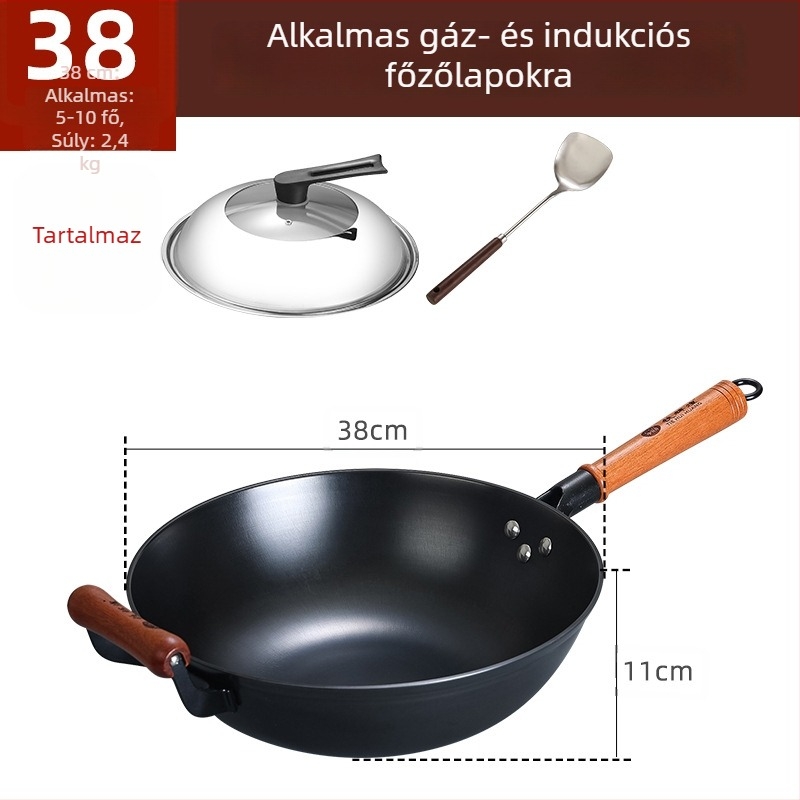Wok öntöttvasból, tapadásmentes, indukciós tűzhelyhez kompatibilis, 2 kg, 10 cm mély