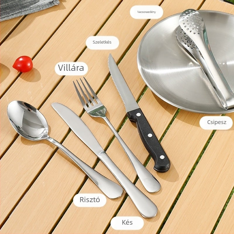 Kempingező rozsdamentes acél étkészlet szigeteléssel, kettős használatú, hordozható — 3-5 fő részére; tartalmaz késeket, villákat, kanalakat, tányérokat, fogókat, üvegnyitókat; modell Ni-2220-fwtz