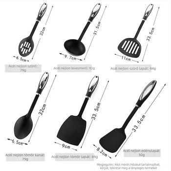 Nylon konyhai eszközök rozsdamentes acél fogantyúval: spatula, lyukas kanál, merőkanál, kanál, élelmiszer-kapcsok