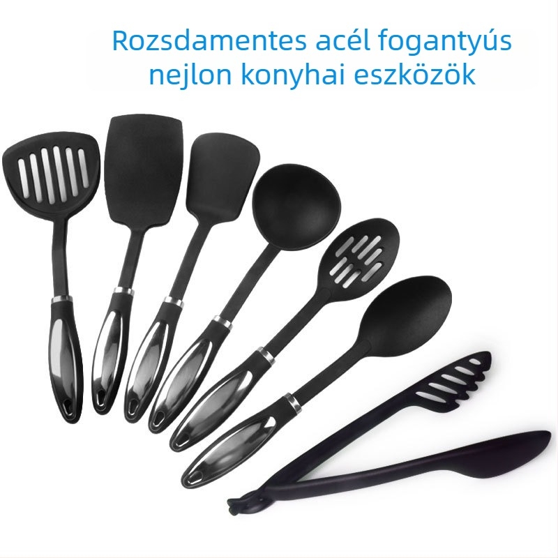 Nylon konyhai eszközök rozsdamentes acél fogantyúval: spatula, lyukas kanál, merőkanál, kanál, élelmiszer-kapcsok