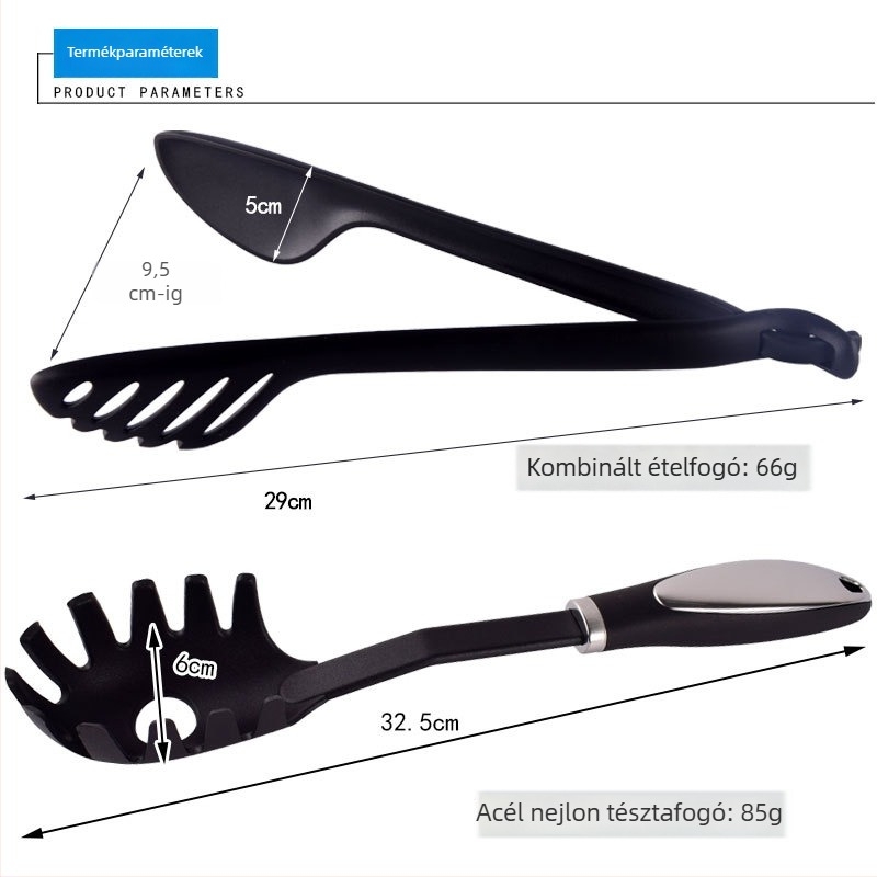 Nylon konyhai eszközök rozsdamentes acél fogantyúval: spatula, lyukas kanál, merőkanál, kanál, élelmiszer-kapcsok