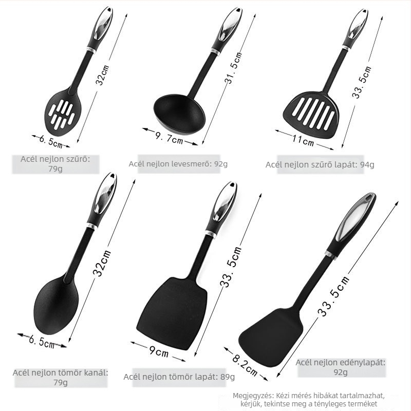Nylon konyhai eszközök rozsdamentes acél fogantyúval: spatula, lyukas kanál, merőkanál, kanál, élelmiszer-kapcsok
