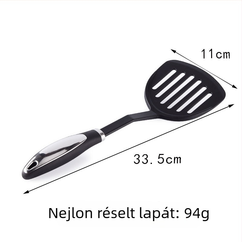 Nylon konyhai eszközök rozsdamentes acél fogantyúval: spatula, lyukas kanál, merőkanál, kanál, élelmiszer-kapcsok