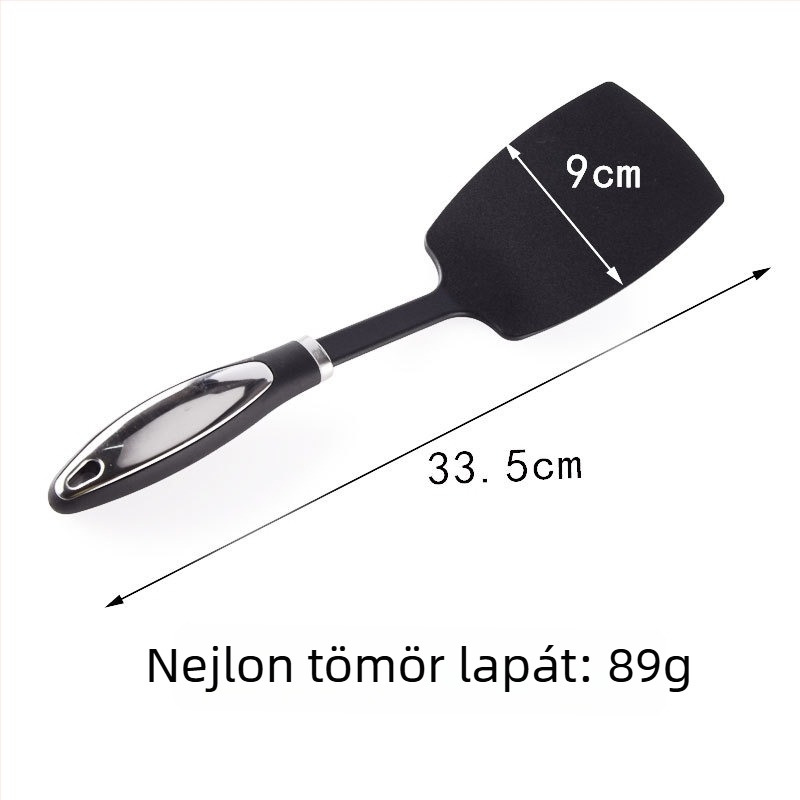 Nylon konyhai eszközök rozsdamentes acél fogantyúval: spatula, lyukas kanál, merőkanál, kanál, élelmiszer-kapcsok