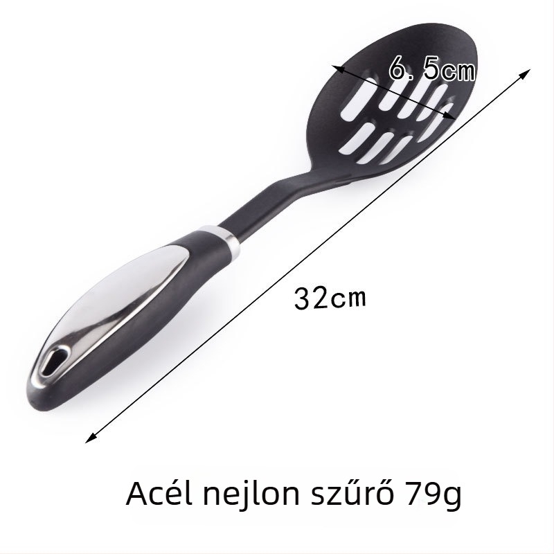 Nylon konyhai eszközök rozsdamentes acél fogantyúval: spatula, lyukas kanál, merőkanál, kanál, élelmiszer-kapcsok