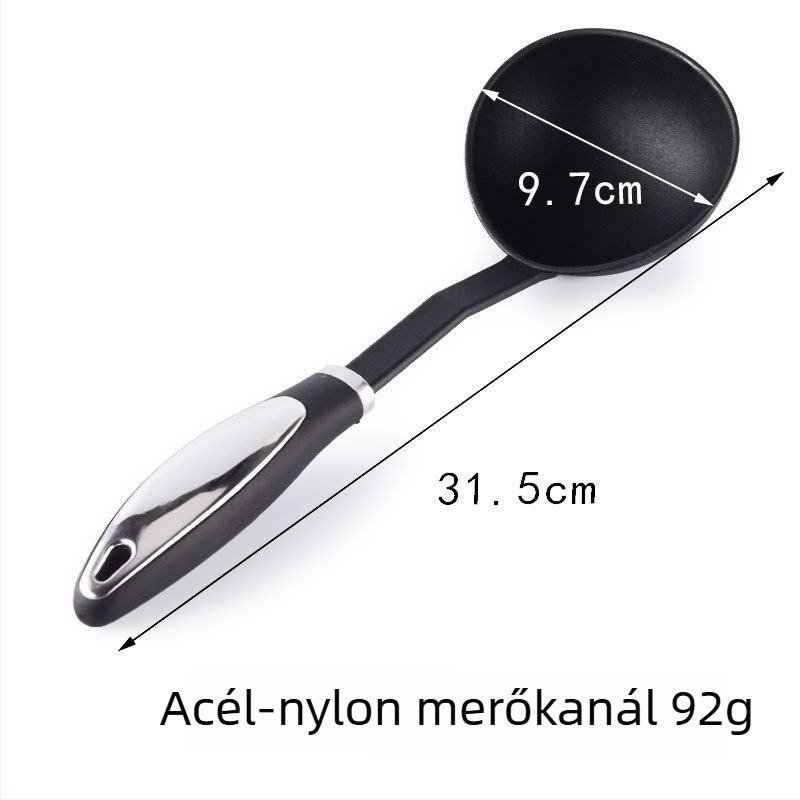Nylon konyhai eszközök rozsdamentes acél fogantyúval: spatula, lyukas kanál, merőkanál, kanál, élelmiszer-kapcsok