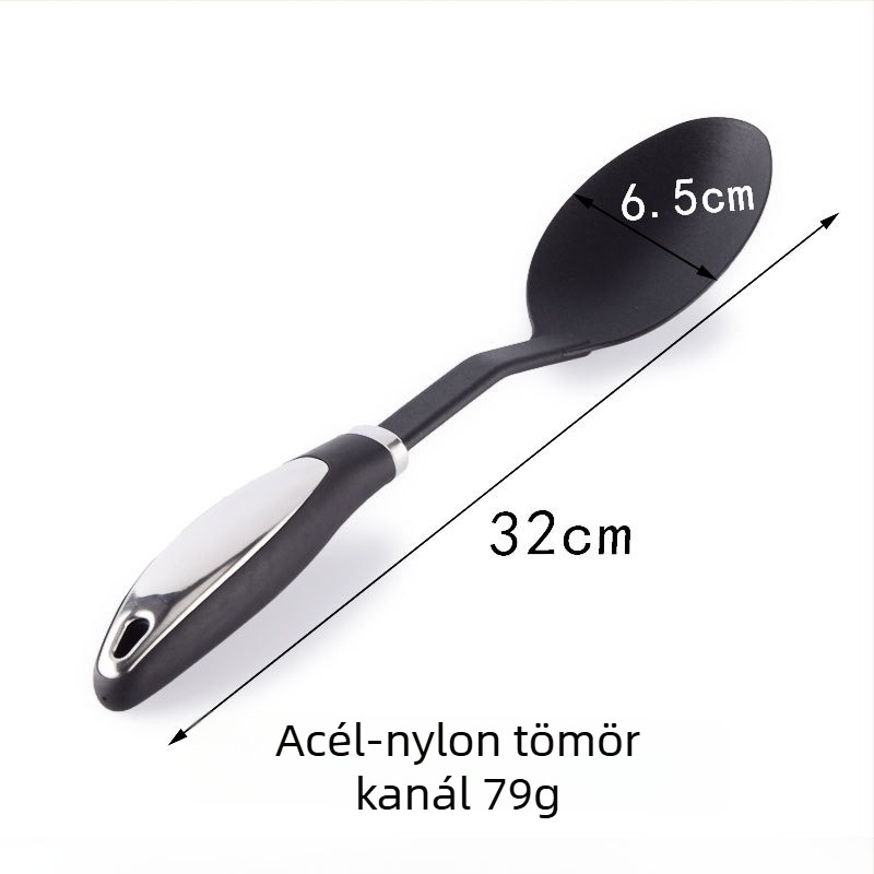 Nylon konyhai eszközök rozsdamentes acél fogantyúval: spatula, lyukas kanál, merőkanál, kanál, élelmiszer-kapcsok