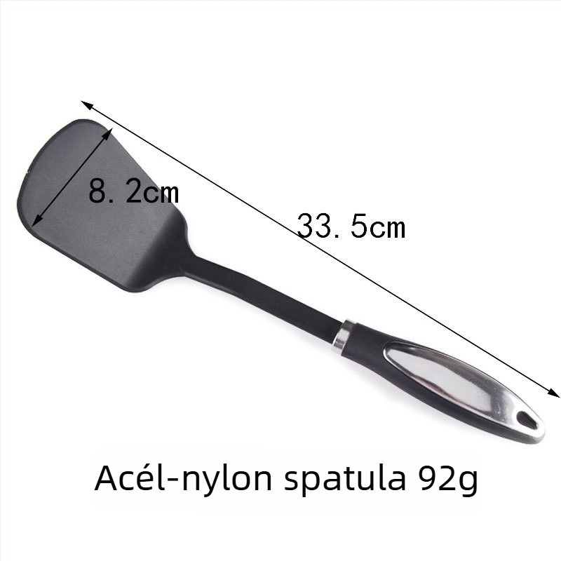 Nylon konyhai eszközök rozsdamentes acél fogantyúval: spatula, lyukas kanál, merőkanál, kanál, élelmiszer-kapcsok