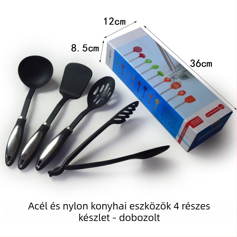 Nylon konyhai eszközök rozsdamentes acél fogantyúval: spatula, lyukas kanál, merőkanál, kanál, élelmiszer-kapcsok