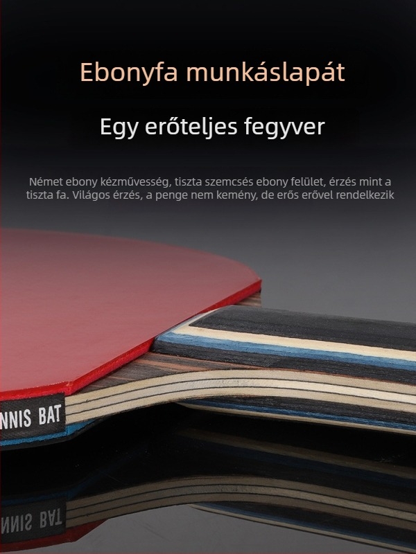 asztaliteniszütő hosszú nyele, közvetlen ütés, ragasztó gumi, többanyagú penge (Poplar, basswood, ebony, teak) kezdőknek