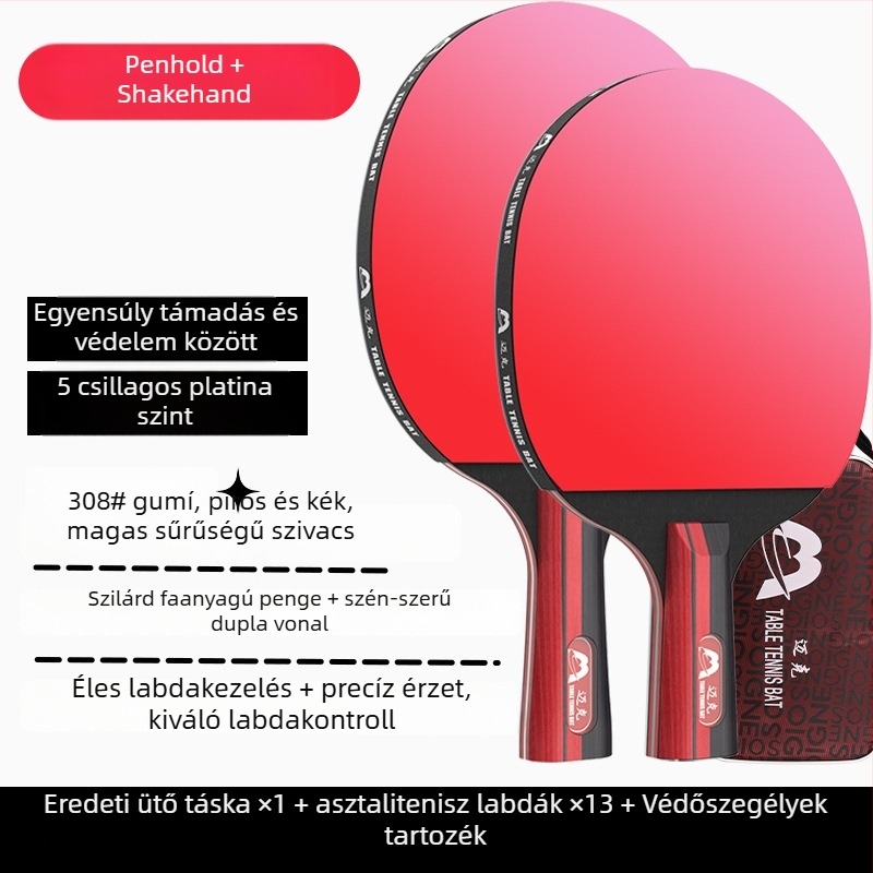 asztaliteniszütő hosszú nyele, közvetlen ütés, ragasztó gumi, többanyagú penge (Poplar, basswood, ebony, teak) kezdőknek