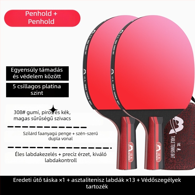 asztaliteniszütő hosszú nyele, közvetlen ütés, ragasztó gumi, többanyagú penge (Poplar, basswood, ebony, teak) kezdőknek