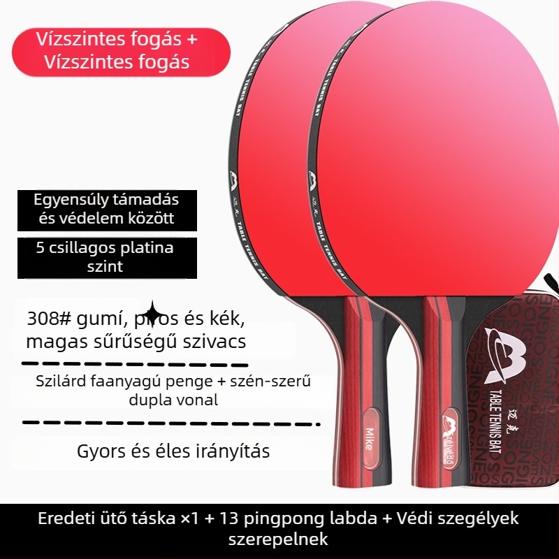 asztaliteniszütő hosszú nyele, közvetlen ütés, ragasztó gumi, többanyagú penge (Poplar, basswood, ebony, teak) kezdőknek